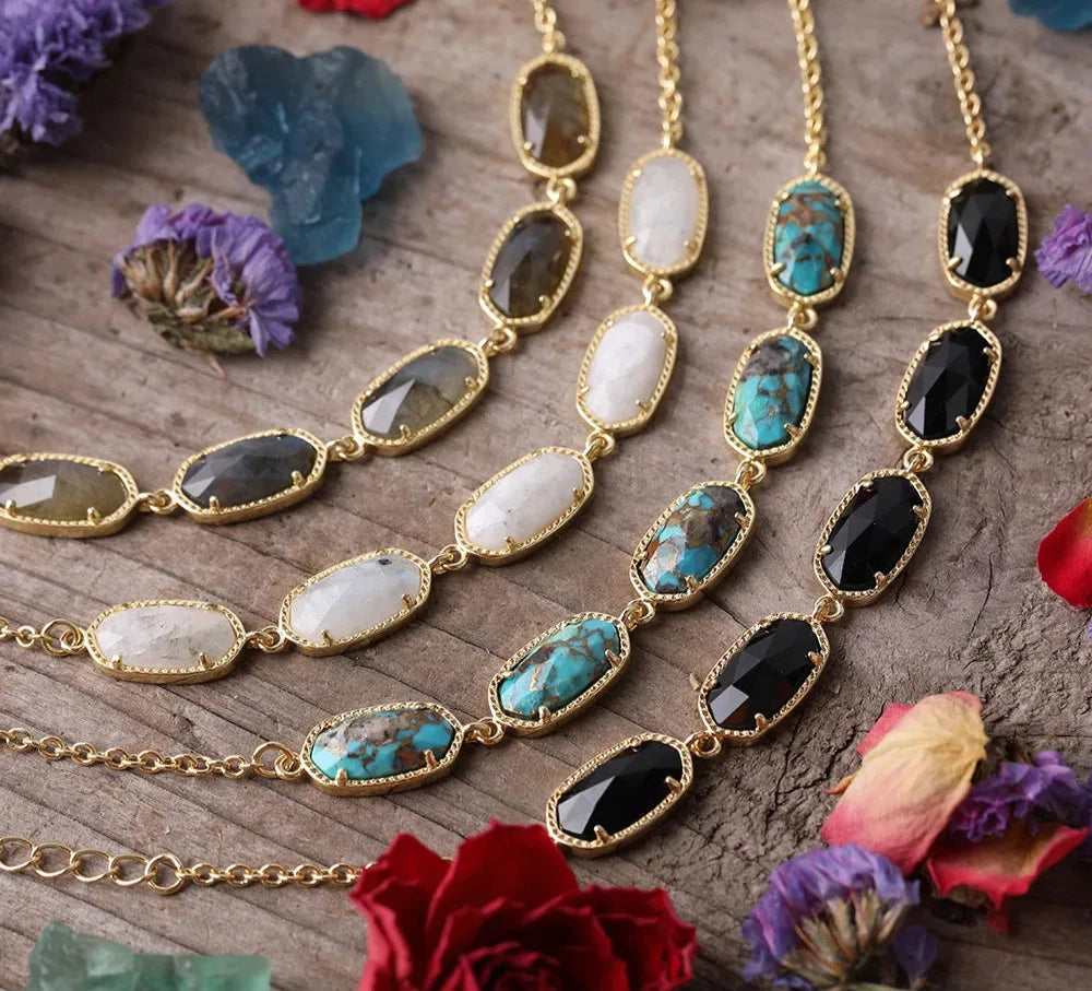 Natural Lapis Amazonite Black Agates Oval Beads Gold Chains Bracelet Women Pink Quartz Crystal Beads Simple Bracelet Jewelry