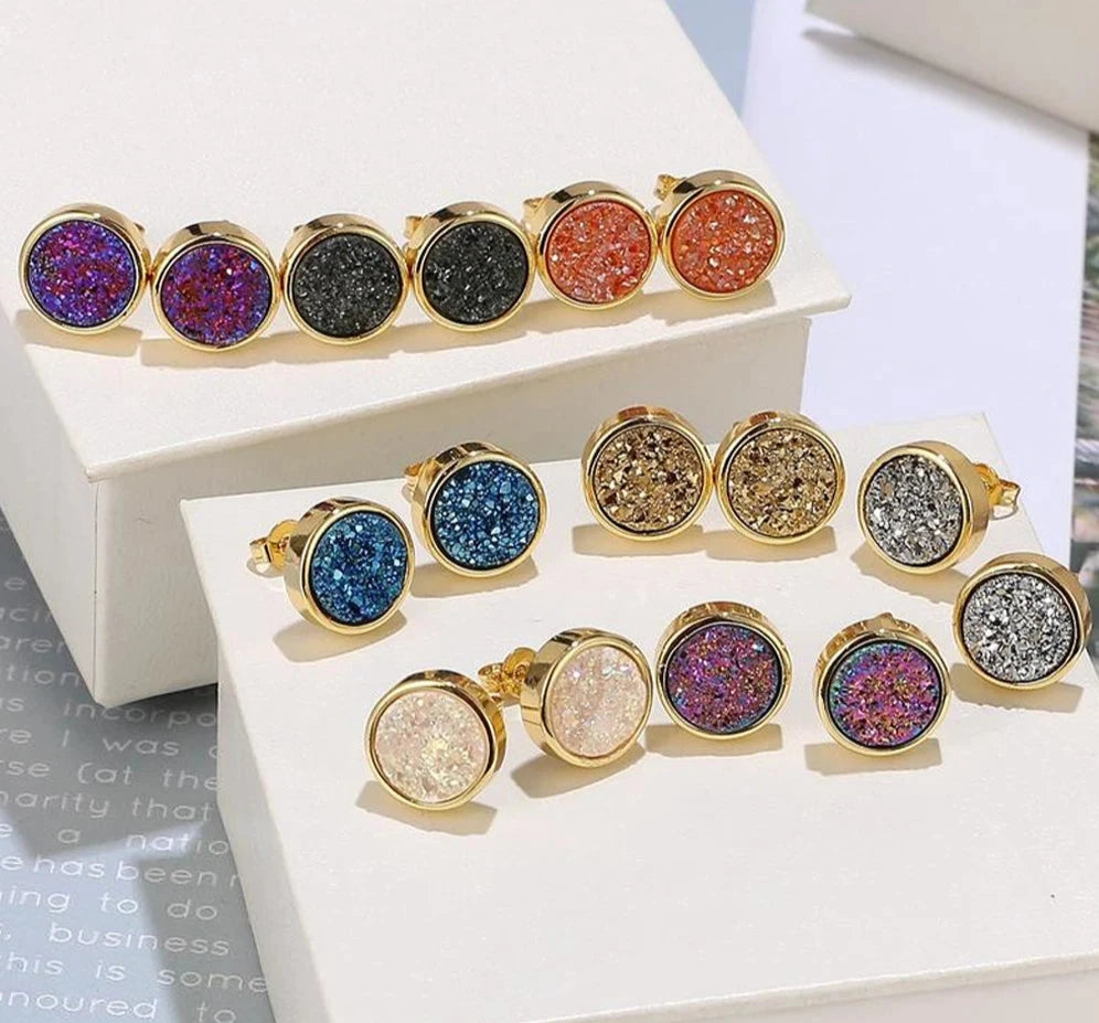 ShinyGem Fashion 10*10mm Round Sparkling Crystal Druzy Stud Earrings Lovely Multicolor Geode Gem Stone Earrings For Women Gifts