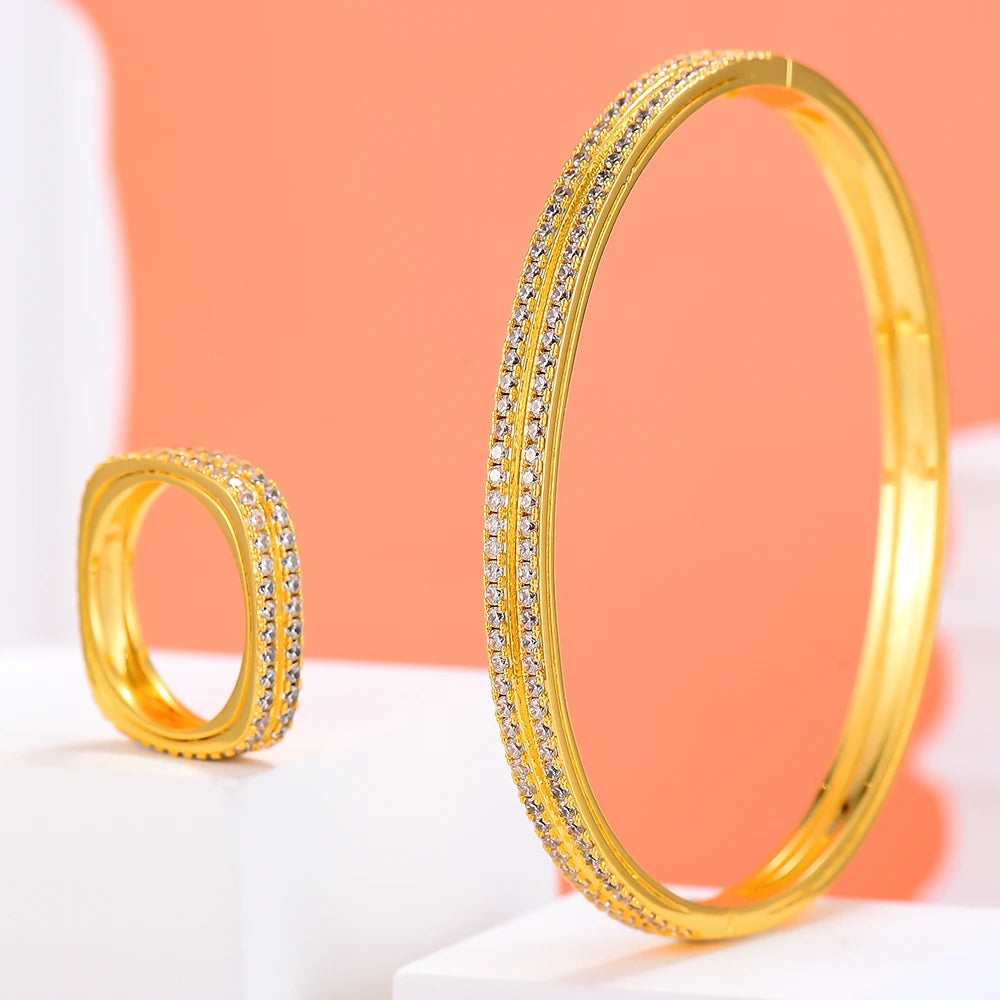 Trend DUBAI CZ Bangle Ring Set For Women Wedding PARTY Baguette Cut Zirconia AFRICAN Bridal Jewelry Sets BOHO