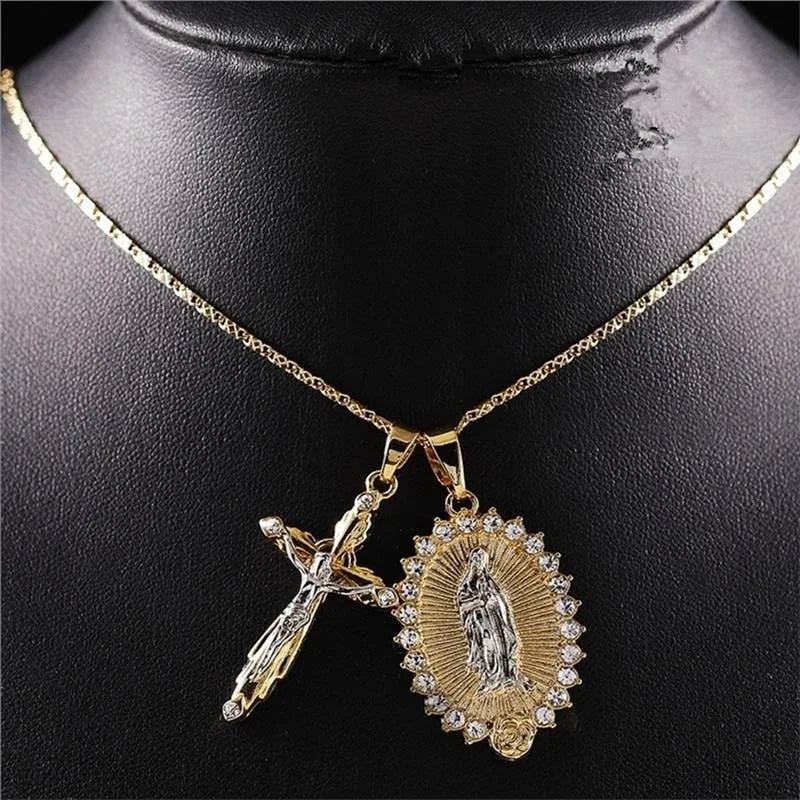 Classic Gold Plated Cross Crucifix Jesus Necklace Virgin Mary Necklace Religious Jewelry for Men Women Necklace Party Gifts