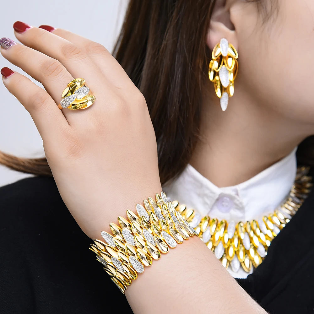 BIG Fashion 4PCS Luxury 4 Layers Smooth Feather African Jewelry Set For Women Wedding Dubai Bridal Jewelry Set Indian 2021