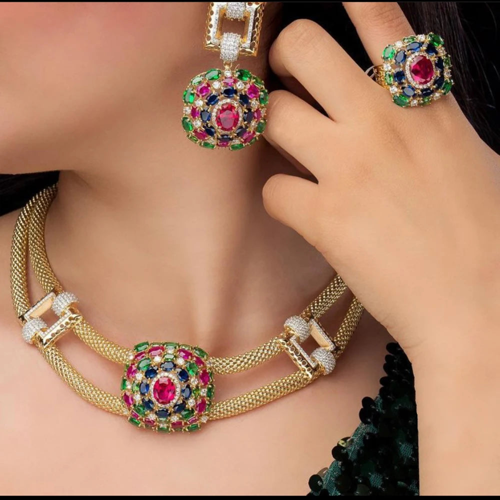 4PCS Nigerian Jewelry Set For Women Wedding Cubic Zircon Dubai Bridal Necklace Earring Bangle Ring Set