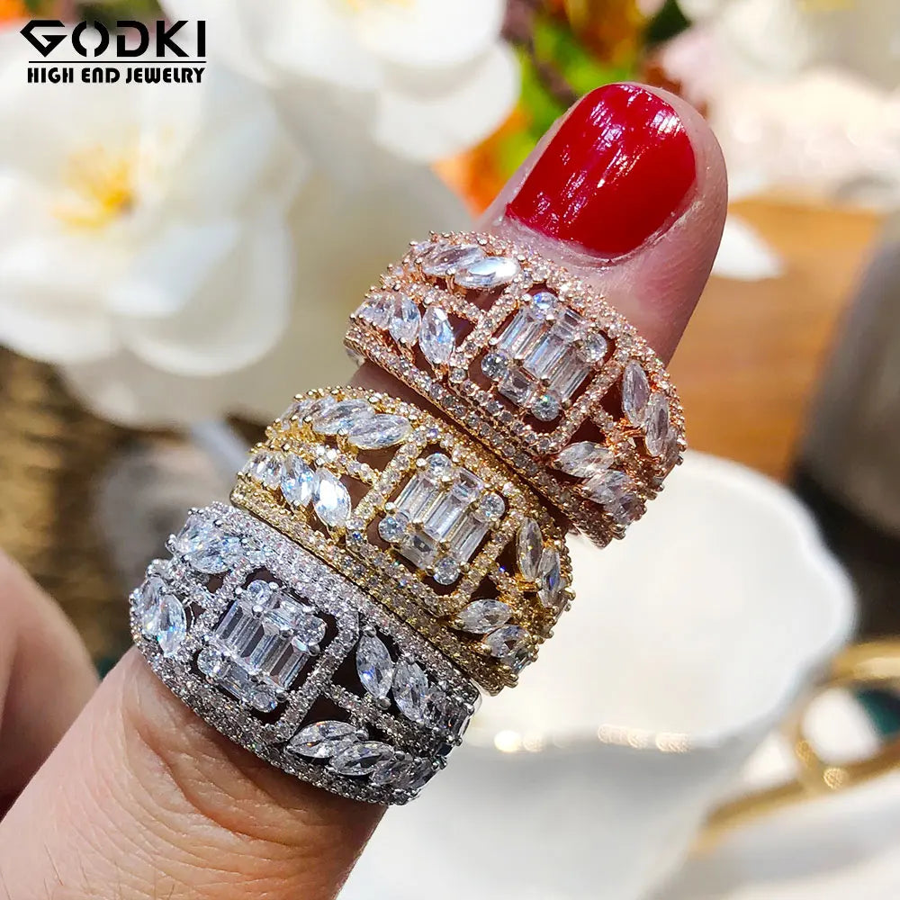 3 Colors Luxury Peace Leaf Rings with Baguette Cubic Zirconia Stones 2020 Women Engagement Party Jewelry Free Size