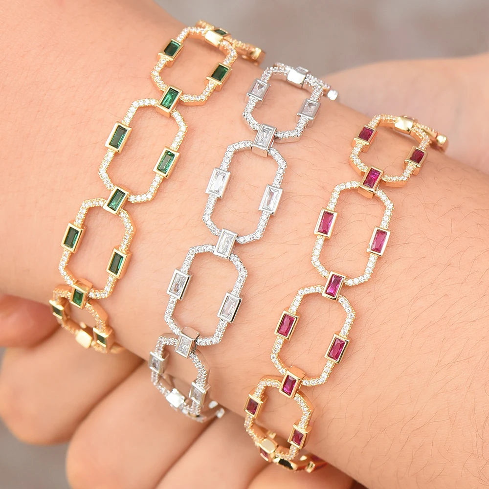 Luxury Square Link Chain Bracelets Bangles Cubic Zircon CZ Vintage Bohemian Cuff Bracelets For Women Femme Fashion Jewelry