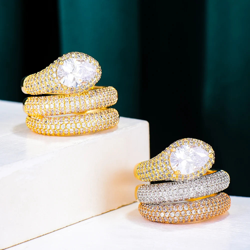 Luxury 3 Layers Twist Snakel Rings with Zirconia Stones 2020 Women Engagement Party Jewelry High Quality