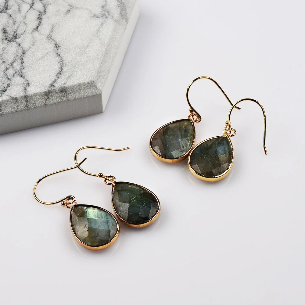 Delicate Water Drop Crystal Labradorite Faceted Charms Dangle Earrings Druzy For Women Girls Wedding Party Jewelry Gifts