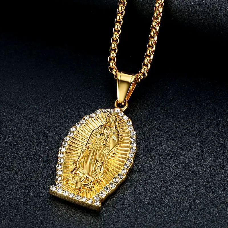 Hip Hop Iced Out Bling Virgin Mary Necklaces Pendants Gold Color 316L Stainless Steel Madonna Necklace Women Christian Jewelry