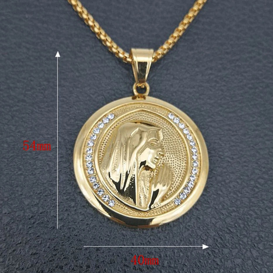Big Round Virgin Mary Pendant Necklace For Women Men Gold Color Madonna Necklace Religious Christian Stainless Steel Jewelry