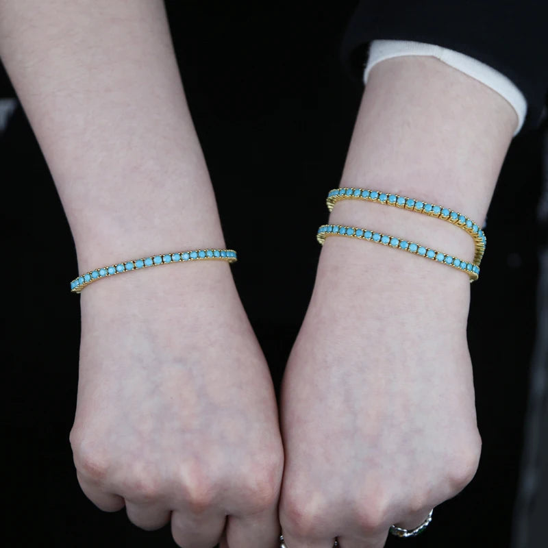 2024 New Gold Color Bling 3mm Turquoises Paved Tennis Chain Necklace Mirco Pave CZ Charm Blue Stone Fashion Women Choker Jewelry