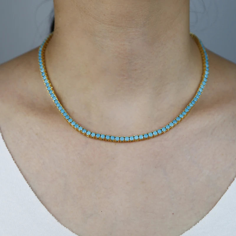 2024 New Gold Color Bling 3mm Turquoises Paved Tennis Chain Necklace Mirco Pave CZ Charm Blue Stone Fashion Women Choker Jewelry