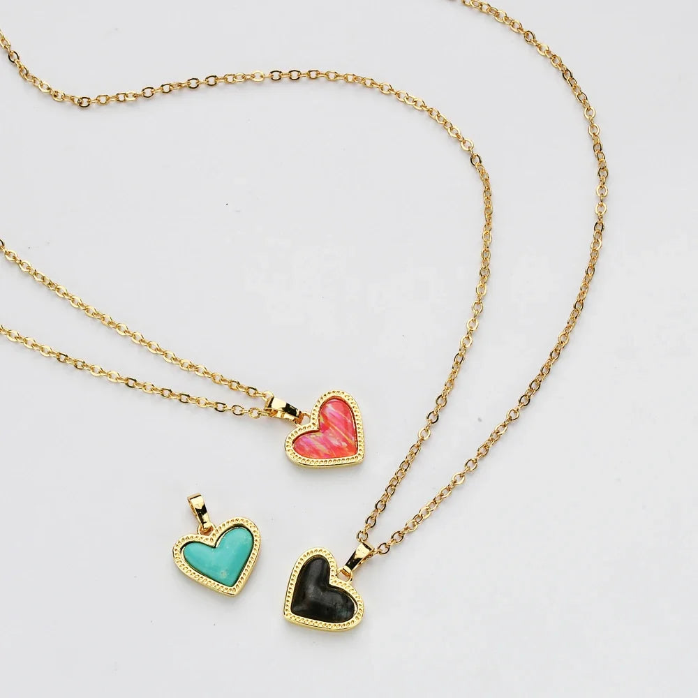 Mix Color Golden Plated Heart Pink Opal Multi-kind Natural Stone Pendant For Women Earrings Necklaces Accessories