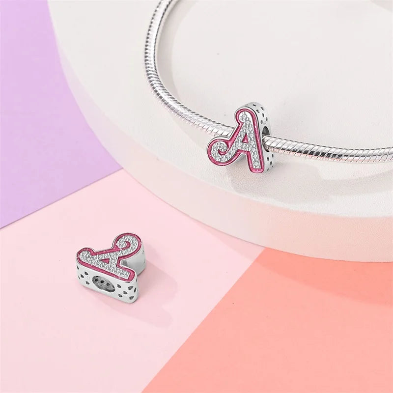 925 Sterling Silver Romantic Pink 26 Letters DIY Love Charms Beads Fit Pandora 925 Original Bracelets Fine Birthday Jewelry Gift