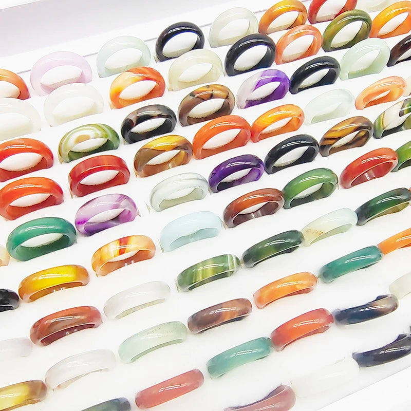 20pcs/50pcs/Lot Wholesale New Natural Veins Agate Stone Finger Rings for Women Hot Mix Colors Jewelry Fashion Wedding Joint Ring