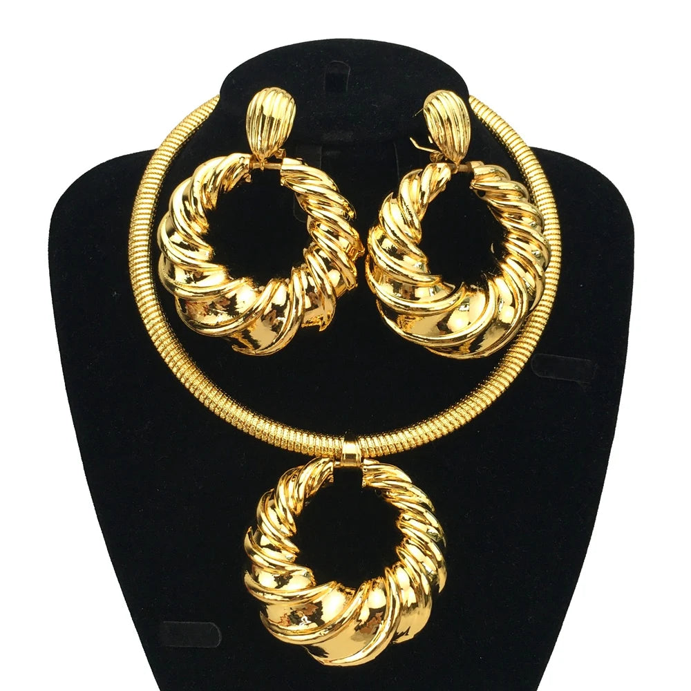 Dubai Women Hoop Earrings Necklace Set Fashion Bride Wedding Trendy African 24K Gold Color Copper Jewelry Set FHK16778