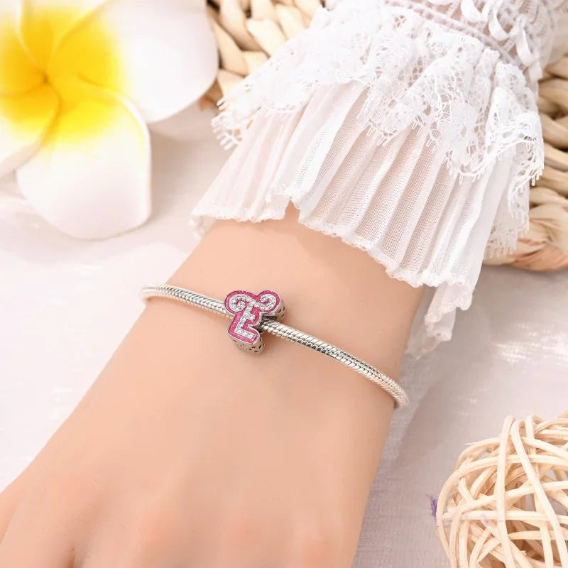 925 Sterling Silver Romantic Pink 26 Letters DIY Love Charms Beads Fit Pandora 925 Original Bracelets Fine Birthday Jewelry Gift