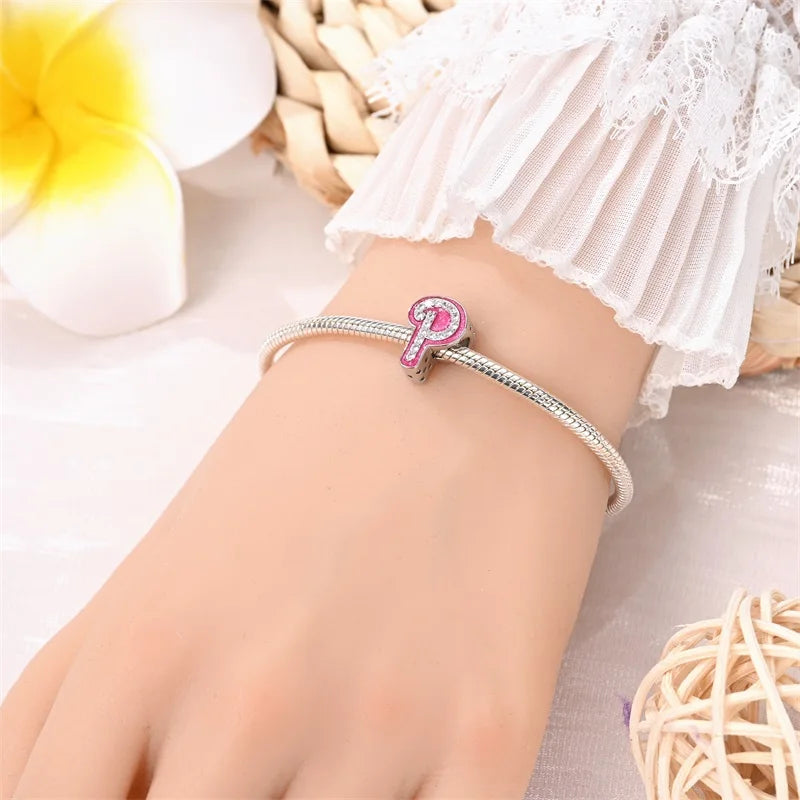 925 Sterling Silver Romantic Pink 26 Letters DIY Love Charms Beads Fit Pandora 925 Original Bracelets Fine Birthday Jewelry Gift