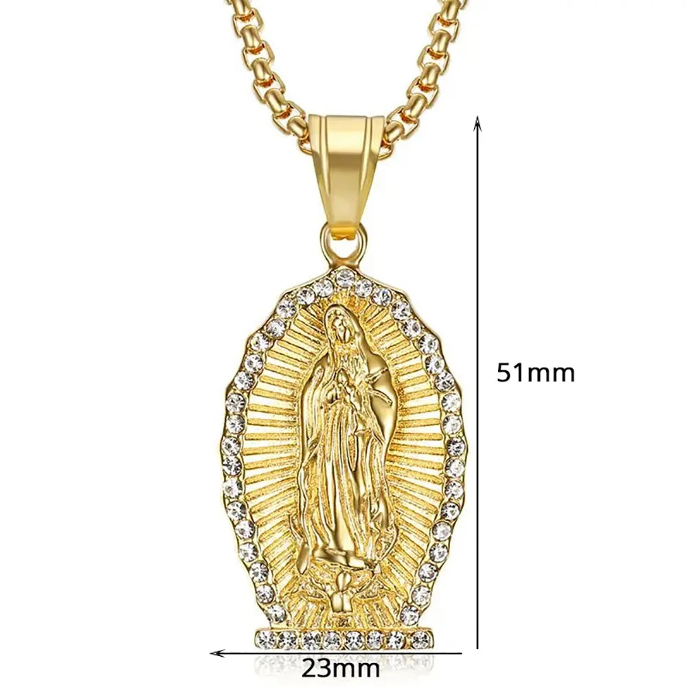 Hip Hop Iced Out Bling Virgin Mary Necklaces Pendants Gold Color 316L Stainless Steel Madonna Necklace Women Christian Jewelry