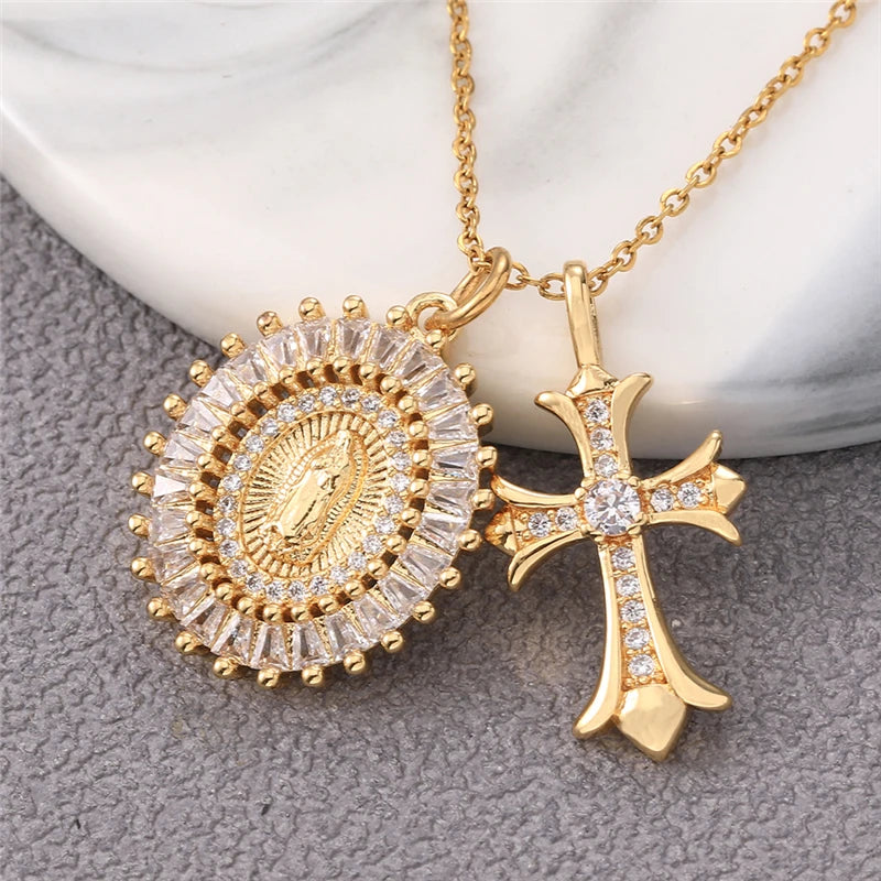 Multiple styles copper Necklace zircon Golden circular Cross Virgin Mary Pendent Necklaces For Charm Women Birthday Jewelr