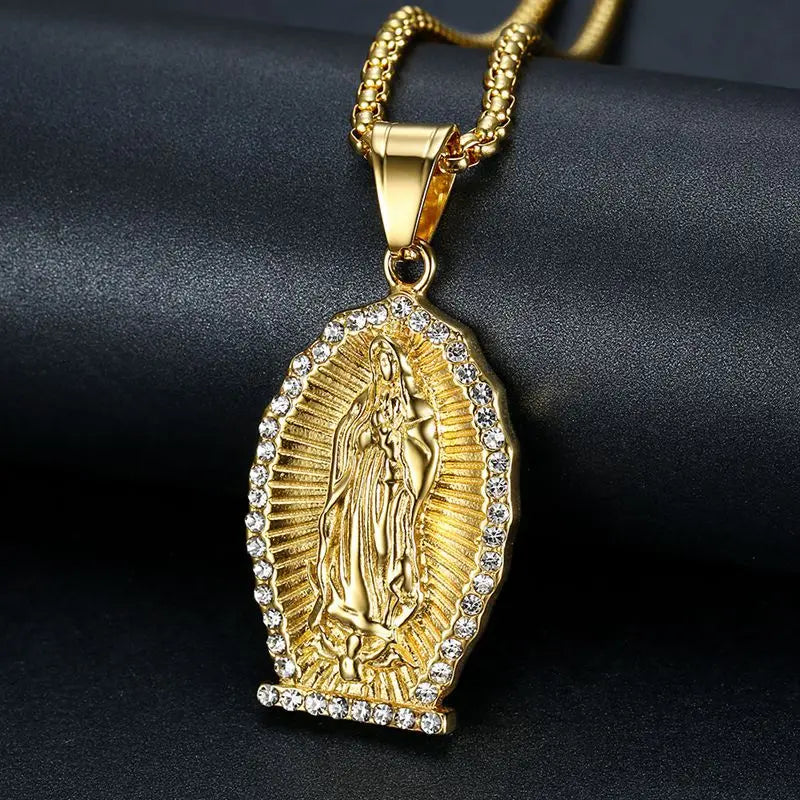Hip Hop Iced Out Bling Virgin Mary Necklaces Pendants Gold Color 316L Stainless Steel Madonna Necklace Women Christian Jewelry
