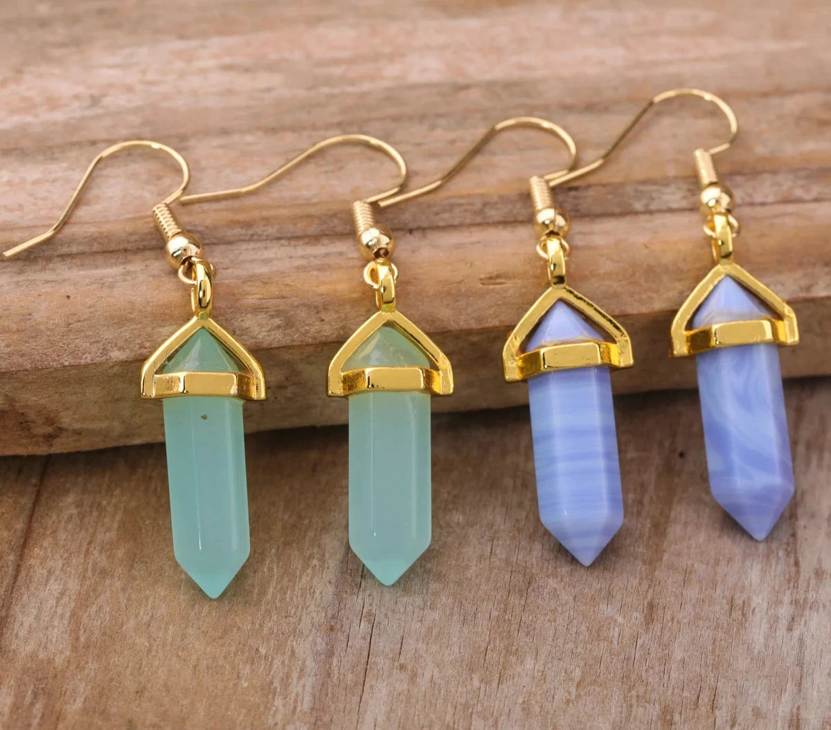 Elegant Women Double Point Gemstone Hook Earring For Women Amethsyt Rose Crystal Point Gold Dangle Earring Fashion Jewelry Gift