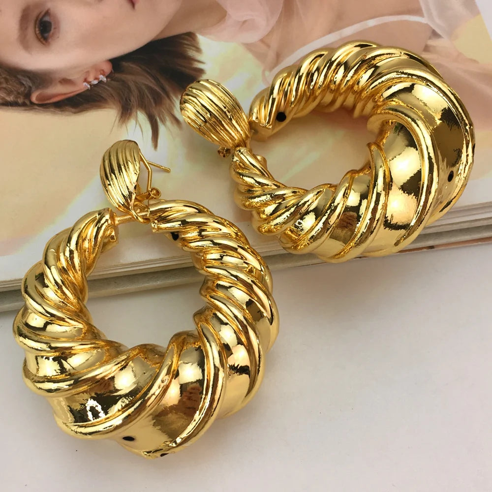 Dubai Women Hoop Earrings Necklace Set Fashion Bride Wedding Trendy African 24K Gold Color Copper Jewelry Set FHK16778