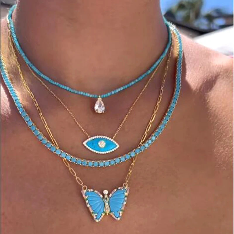 2024 New Gold Color Bling 3mm Turquoises Paved Tennis Chain Necklace Mirco Pave CZ Charm Blue Stone Fashion Women Choker Jewelry