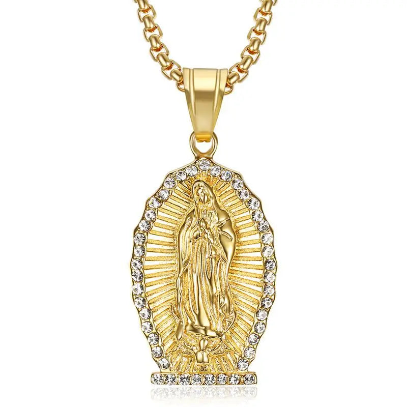 Hip Hop Iced Out Bling Virgin Mary Necklaces Pendants Gold Color 316L Stainless Steel Madonna Necklace Women Christian Jewelry