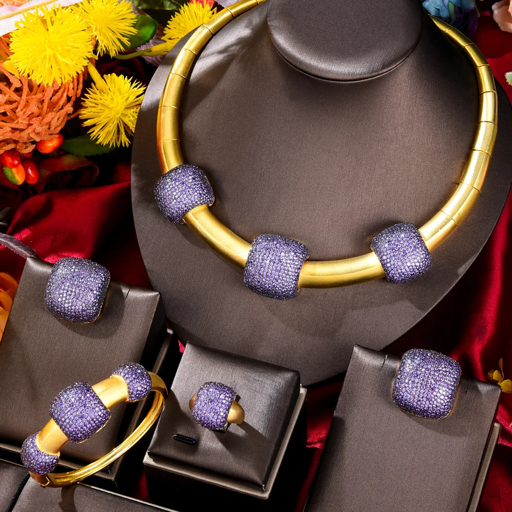 Original DUBAI 4pcs Jewelry Sets Necklace Bangle Ring Earrings Luxury Gougeous Splicing Set For Women Wedding Party