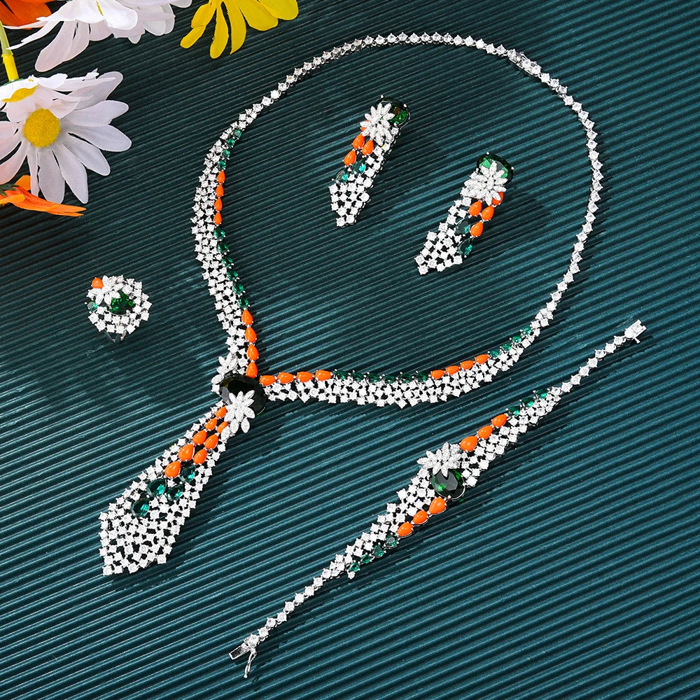 Romantic 4PCs Multicolor Crossover Statement Jewelry Sets For Women Wedding5A Zircon Indian African Dubai Bridal Necklace