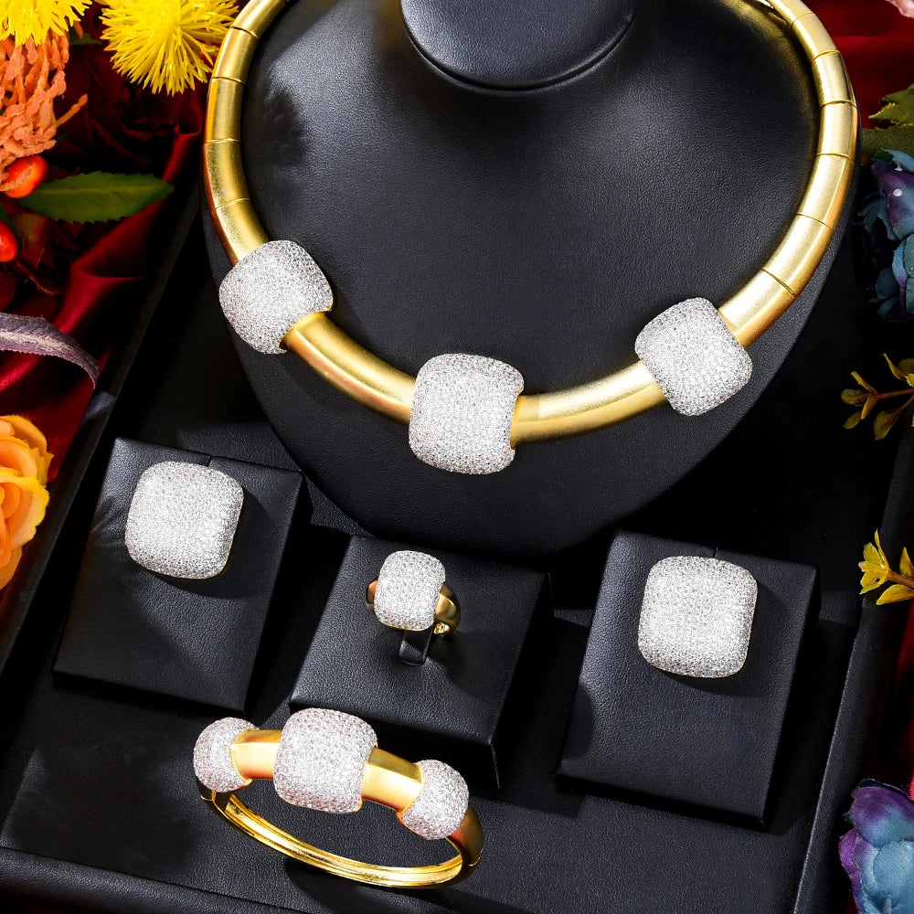 Original DUBAI 4pcs Jewelry Sets Necklace Bangle Ring Earrings Luxury Gougeous Splicing Set For Women Wedding Party