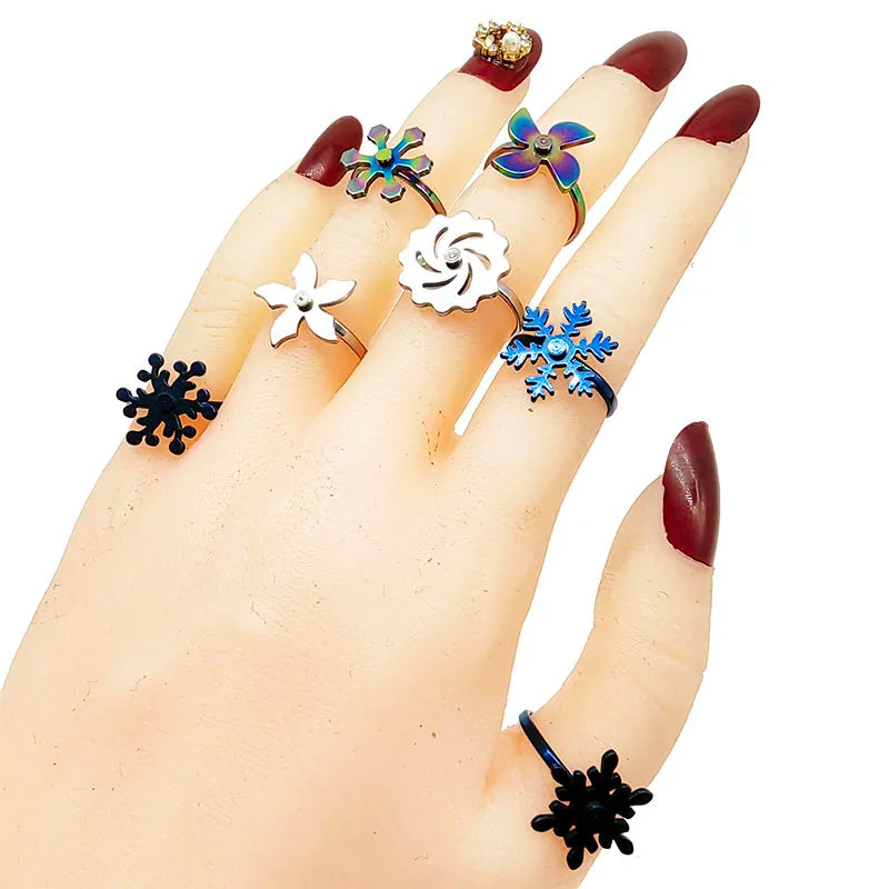 20pcs/Lot Wholesale New Style Rotate Stainless Steel Finger Rings For Women Windmill Snowflake Relief Anxiety Decompress Jewelry
