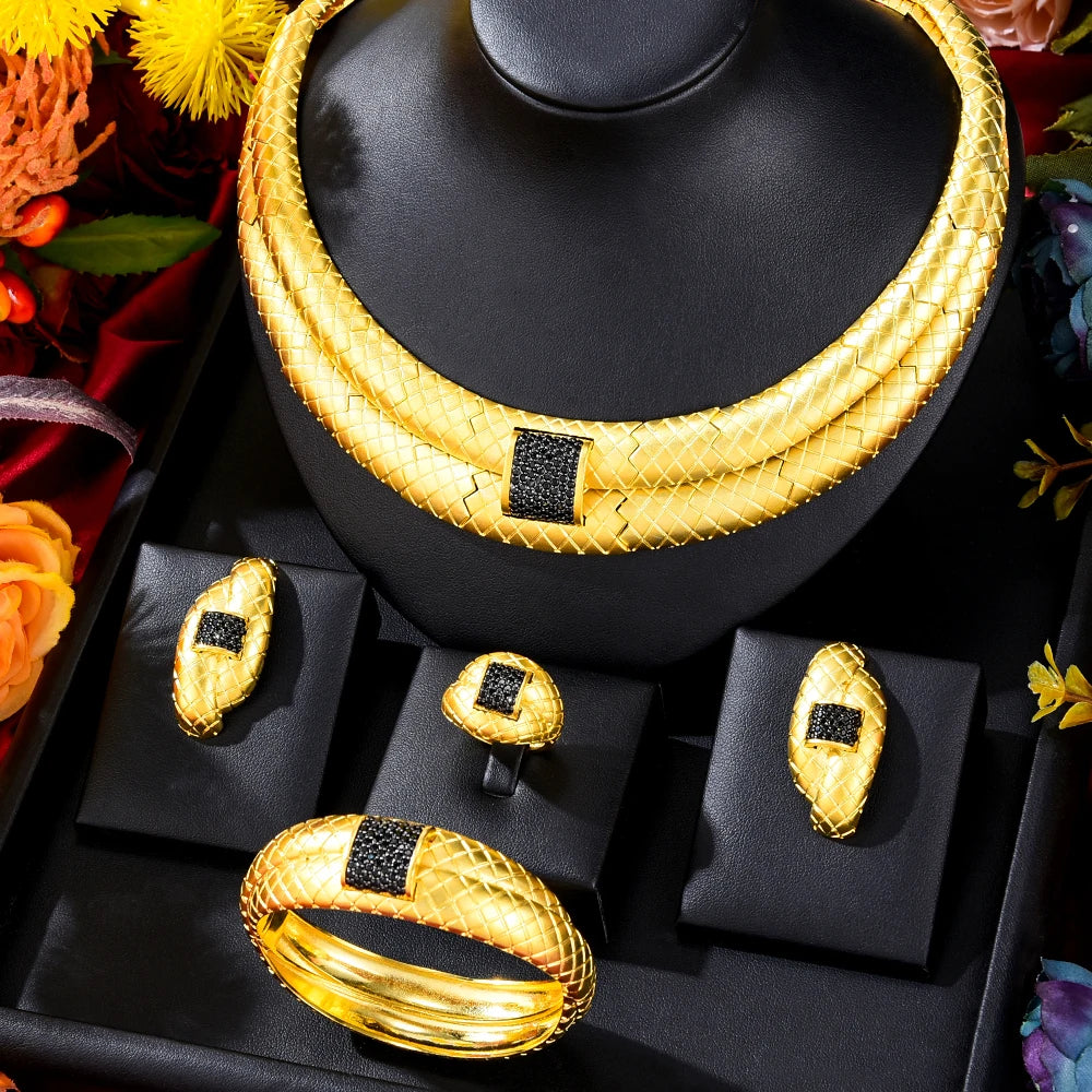Original DUBAI 4pcs Jewelry Sets Necklace Bangle Ring Earrings Luxury Gougeous Splicing Set For Women Wedding Party