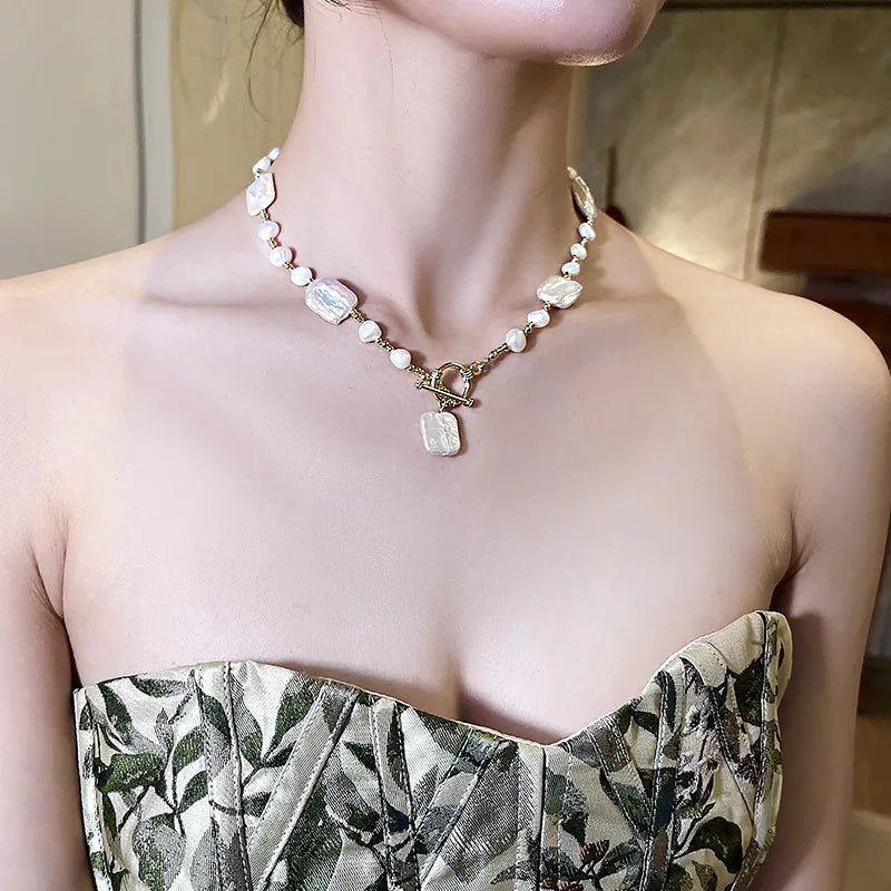 High Quality Trendy Natural Square Baroque Freshwater Pearl 14K Gold Filled Ladies Chains Necklace Jewelry For Women Gifts