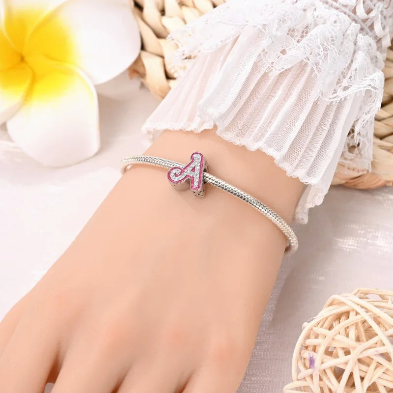925 Sterling Silver Romantic Pink 26 Letters DIY Love Charms Beads Fit Pandora 925 Original Bracelets Fine Birthday Jewelry Gift