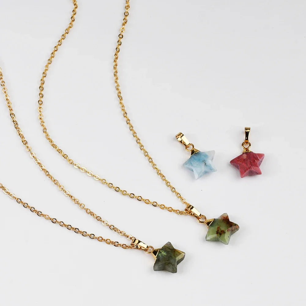 Mix Color Multi-kind Stone Golden Plated Natural Star Shaped Moonstone Faceted Pendant For Women Necklaces Jewelry Gifts