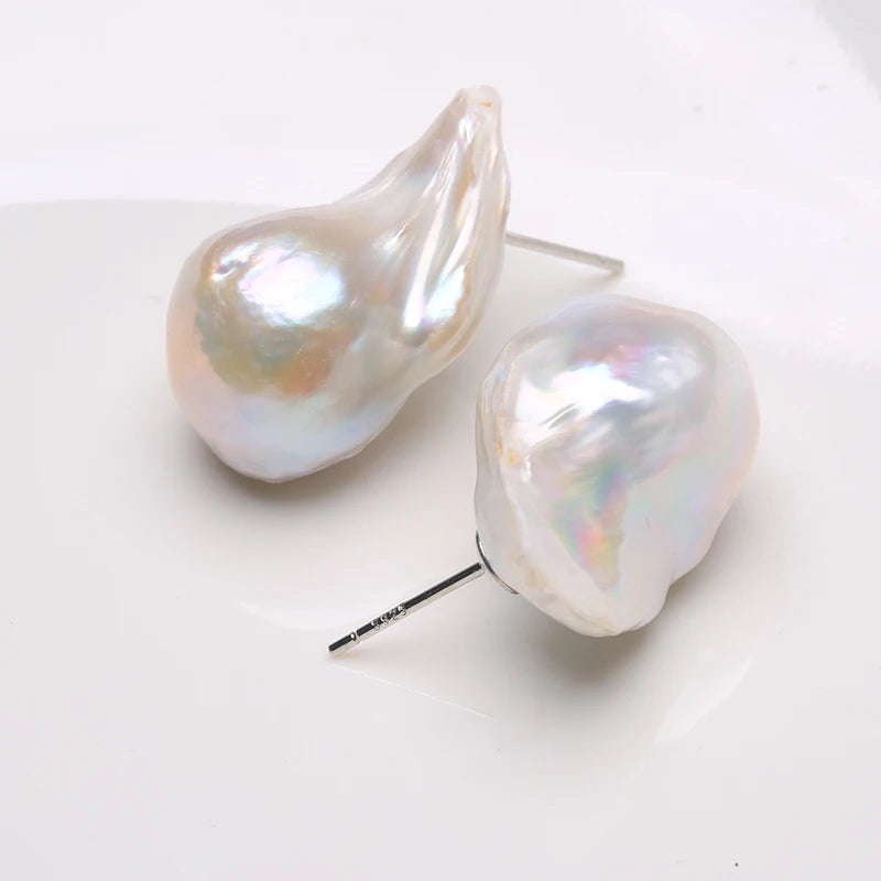 Natural Freshwater Pearl 925 Sterling Silver Large Baroque Pearl Stud Earrings 15-25mm INS Fine Jewelry Gifts for Women EA