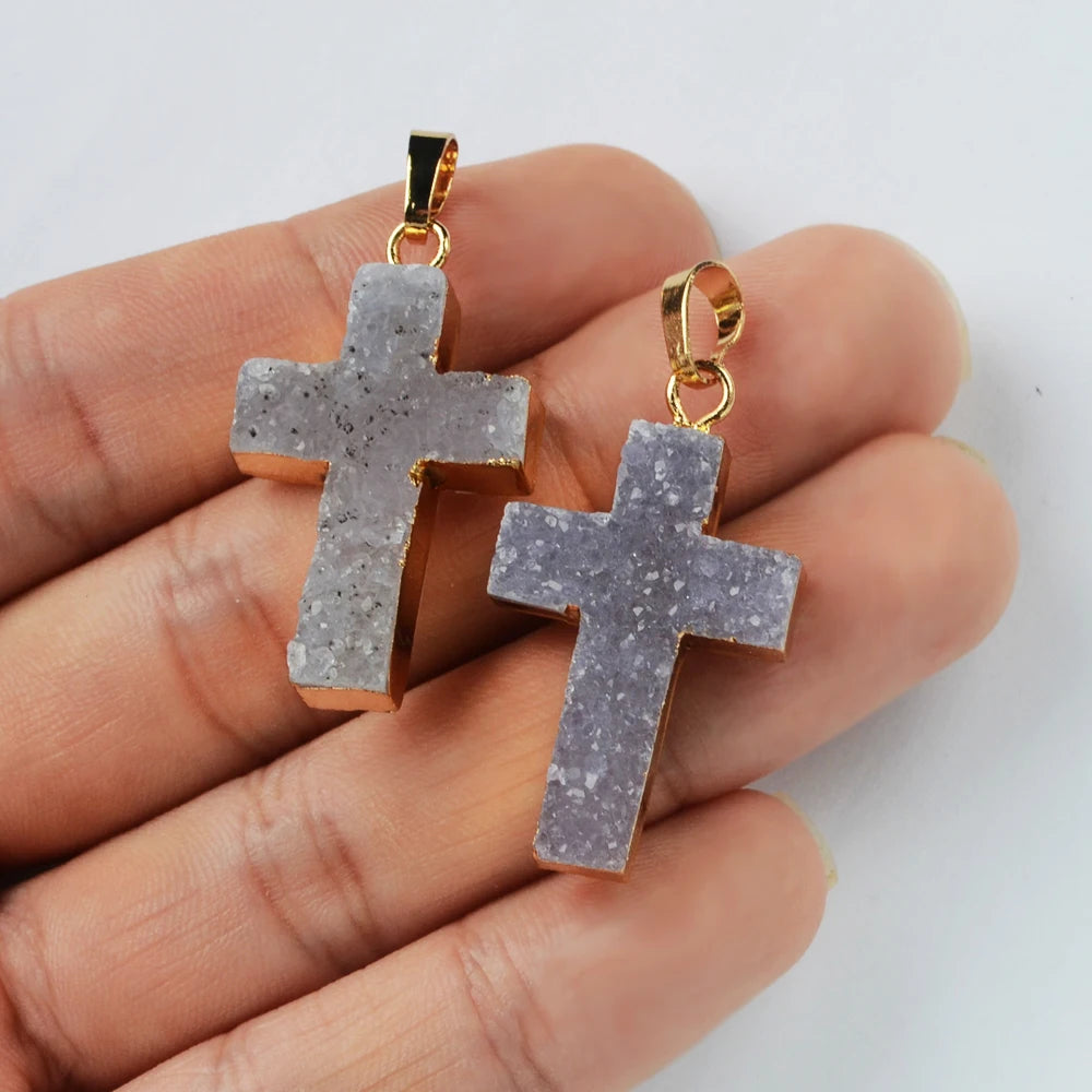 Unique Golden Plated Cross Natural Agate Druzy Pendant Genuine Stone Charms for Women Necklace Jewelry Wedding Gifts