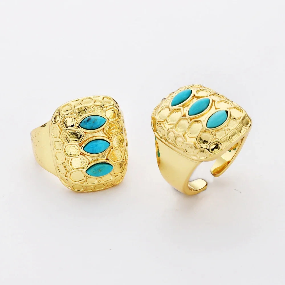 Golden Plated Adjustable Open Rings Natural Turquoise Stone Finger Ring For Men Women Trendy Hip Hop Jewelry Accessories