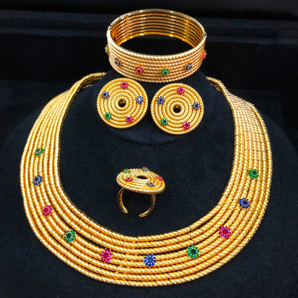 Luxury 4pcs Round Ball African Jewelry Sets Necklace Earring Bangle Ring Set For Women Wedding Jewelry Trendy HOT New 2024