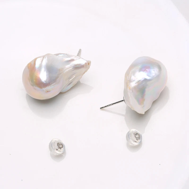 Natural Freshwater Pearl 925 Sterling Silver Large Baroque Pearl Stud Earrings 15-25mm INS Fine Jewelry Gifts for Women EA