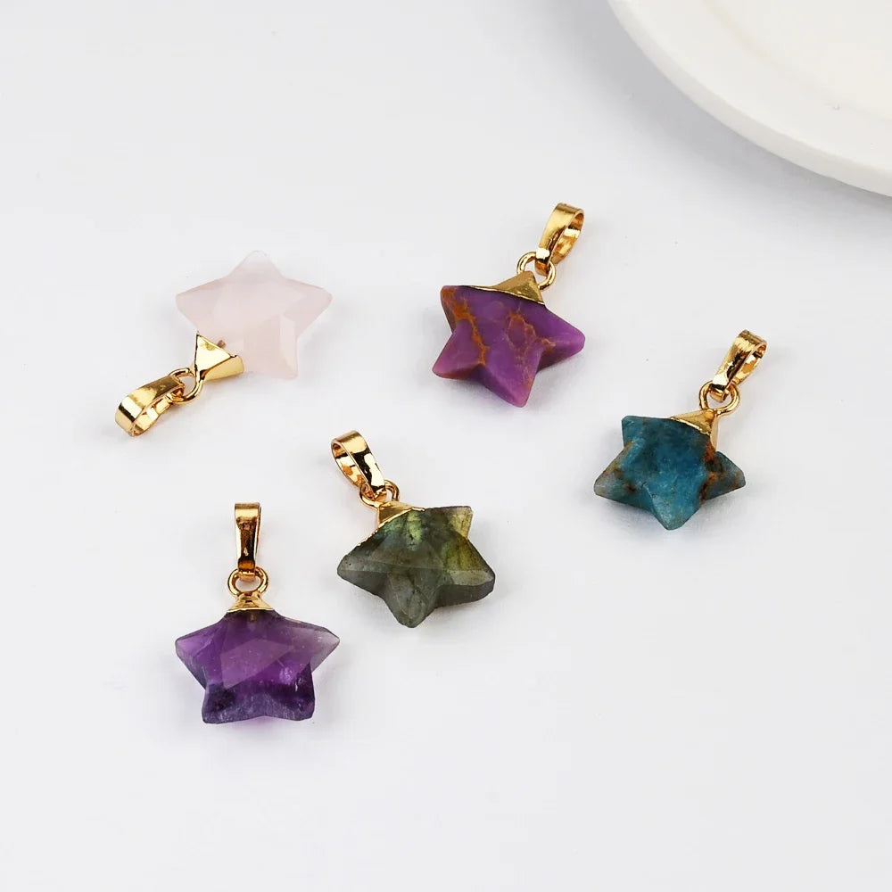 Mix Color Multi-kind Stone Golden Plated Natural Star Shaped Moonstone Faceted Pendant For Women Necklaces Jewelry Gifts