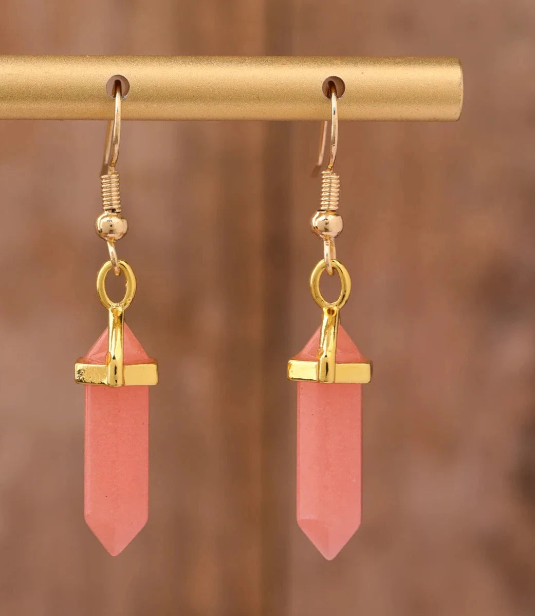 Elegant Women Double Point Gemstone Hook Earring For Women Amethsyt Rose Crystal Point Gold Dangle Earring Fashion Jewelry Gift