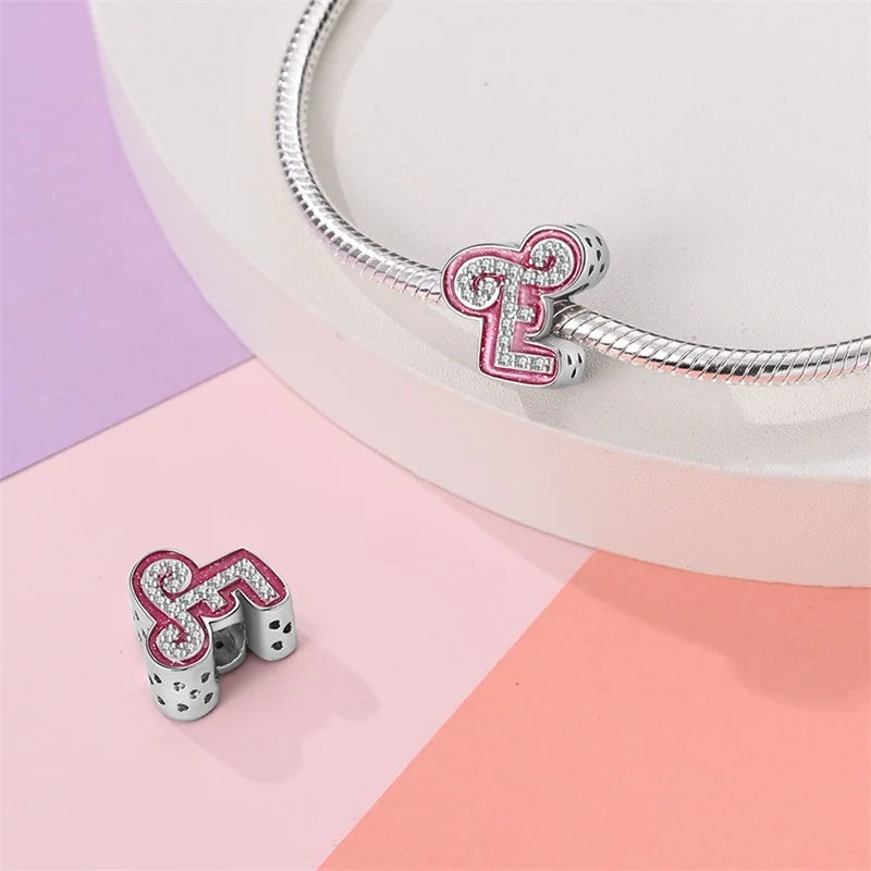 925 Sterling Silver Romantic Pink 26 Letters DIY Love Charms Beads Fit Pandora 925 Original Bracelets Fine Birthday Jewelry Gift