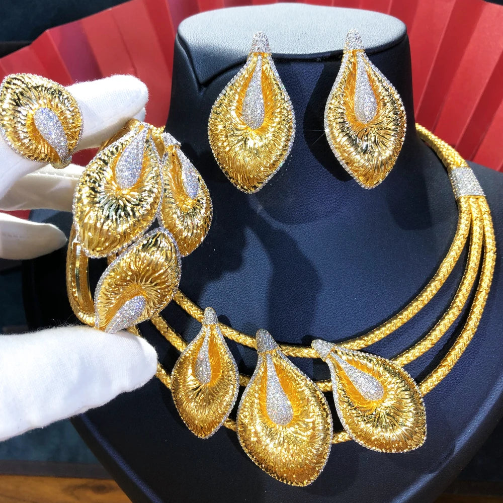 Luxury Royal 4PCS Lily Flower African Jewelry Sets For Women Wedding Party Full Cubic Zircon Dubai Bridal jewelry Set Gift