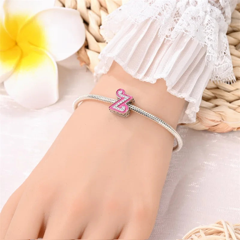 925 Sterling Silver Romantic Pink 26 Letters DIY Love Charms Beads Fit Pandora 925 Original Bracelets Fine Birthday Jewelry Gift