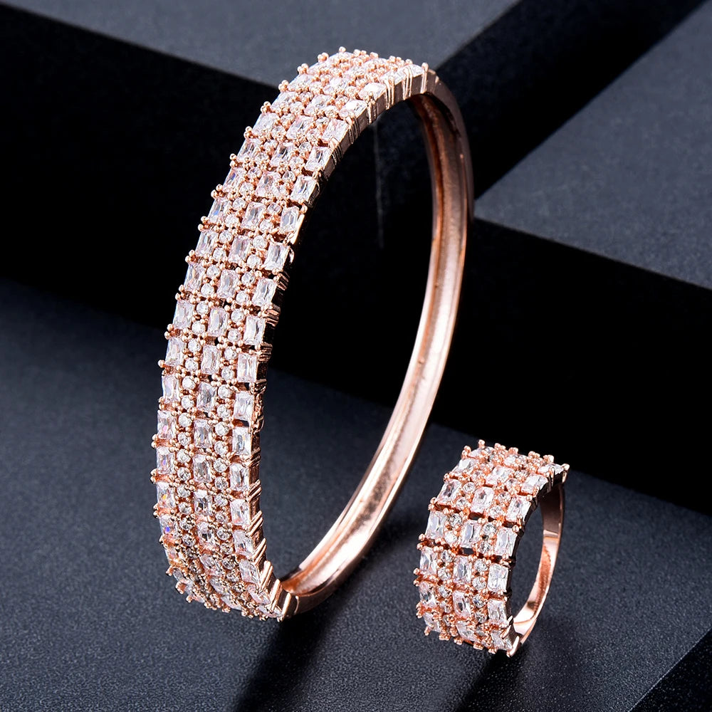 Trend DUBAI CZ Bangle Ring Set For Women Wedding PARTY Baguette Cut Zirconia AFRICAN Bridal Jewelry Sets BOHO