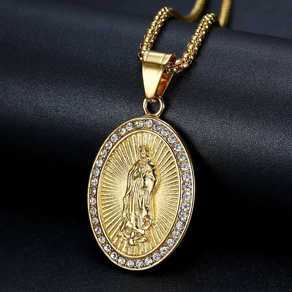 Hip Hop Iced Out Bling Virgin Mary Pendant Necklaces Female Gold Color Stainless Steel Madonna Necklace For Women Jewelry Gift