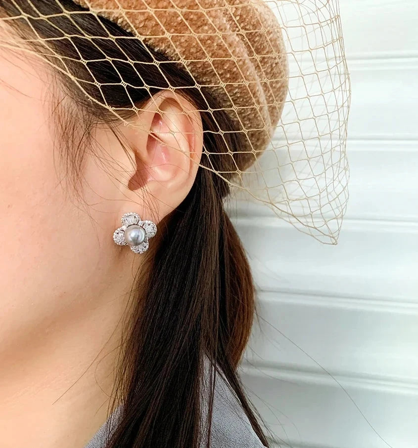 Seawater Madama Akoya Pearls Earrings 925 Sterling Silver Natural Gray Slightly Flawed Pearl Earrings Female Retro