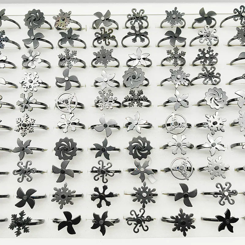 20pcs/Lot Wholesale New Style Rotate Stainless Steel Finger Rings For Women Windmill Snowflake Relief Anxiety Decompress Jewelry