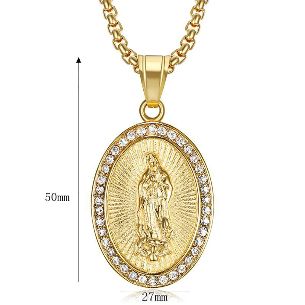 Hip Hop Iced Out Bling Virgin Mary Pendant Necklaces Female Gold Color Stainless Steel Madonna Necklace For Women Jewelry Gift